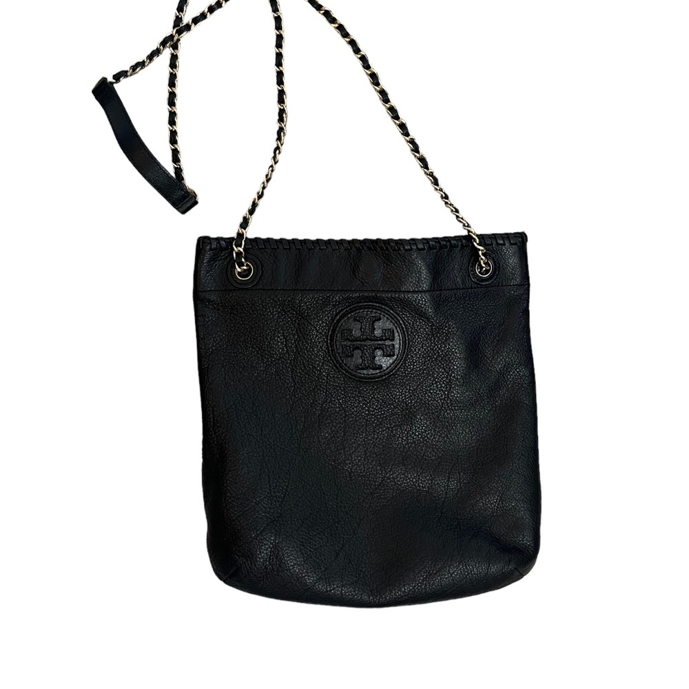 Tory Burch, Marion, black leather whipstitch swing shoulder/Crossbody bag